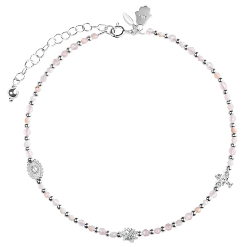Karma and Luck Surrounded By Love - Rose Quartz Silver Anklet